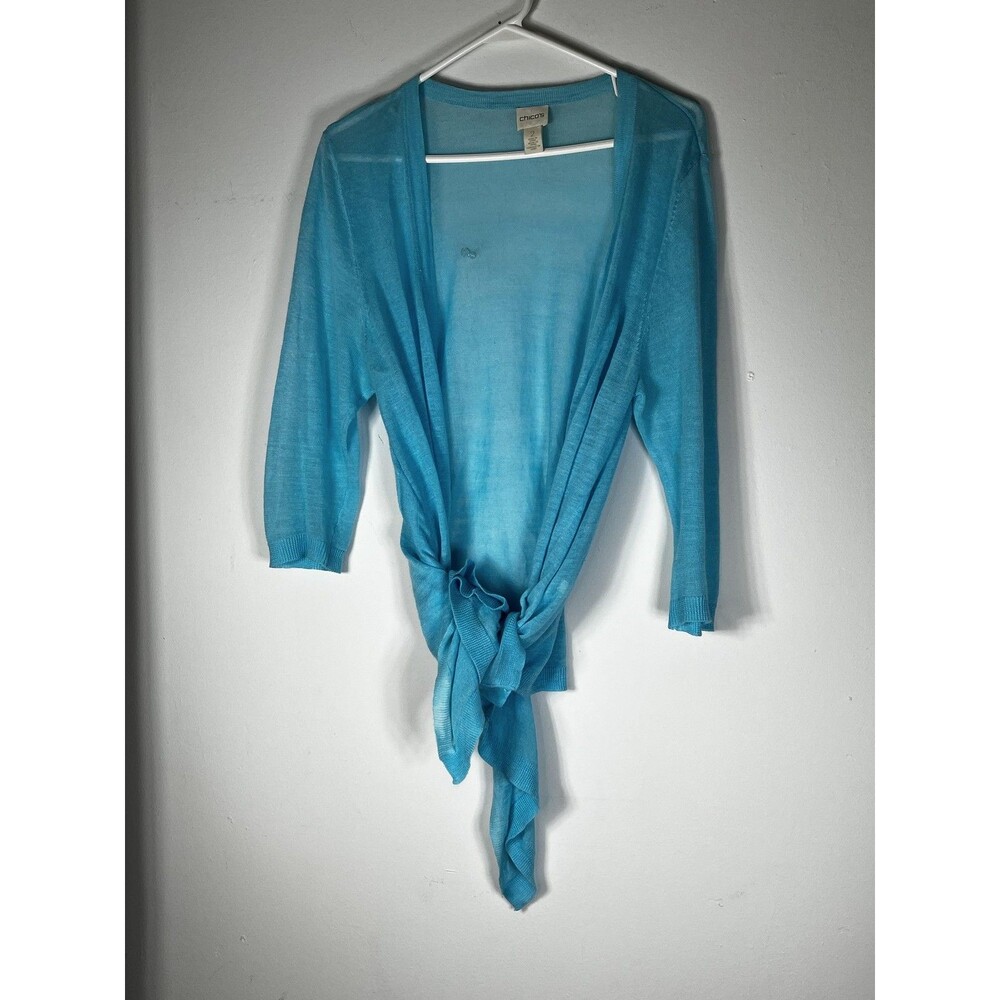 Chico's Sweater Cardigan Womens 2 L Blue Open Front Tie Hem Lightweight Knit